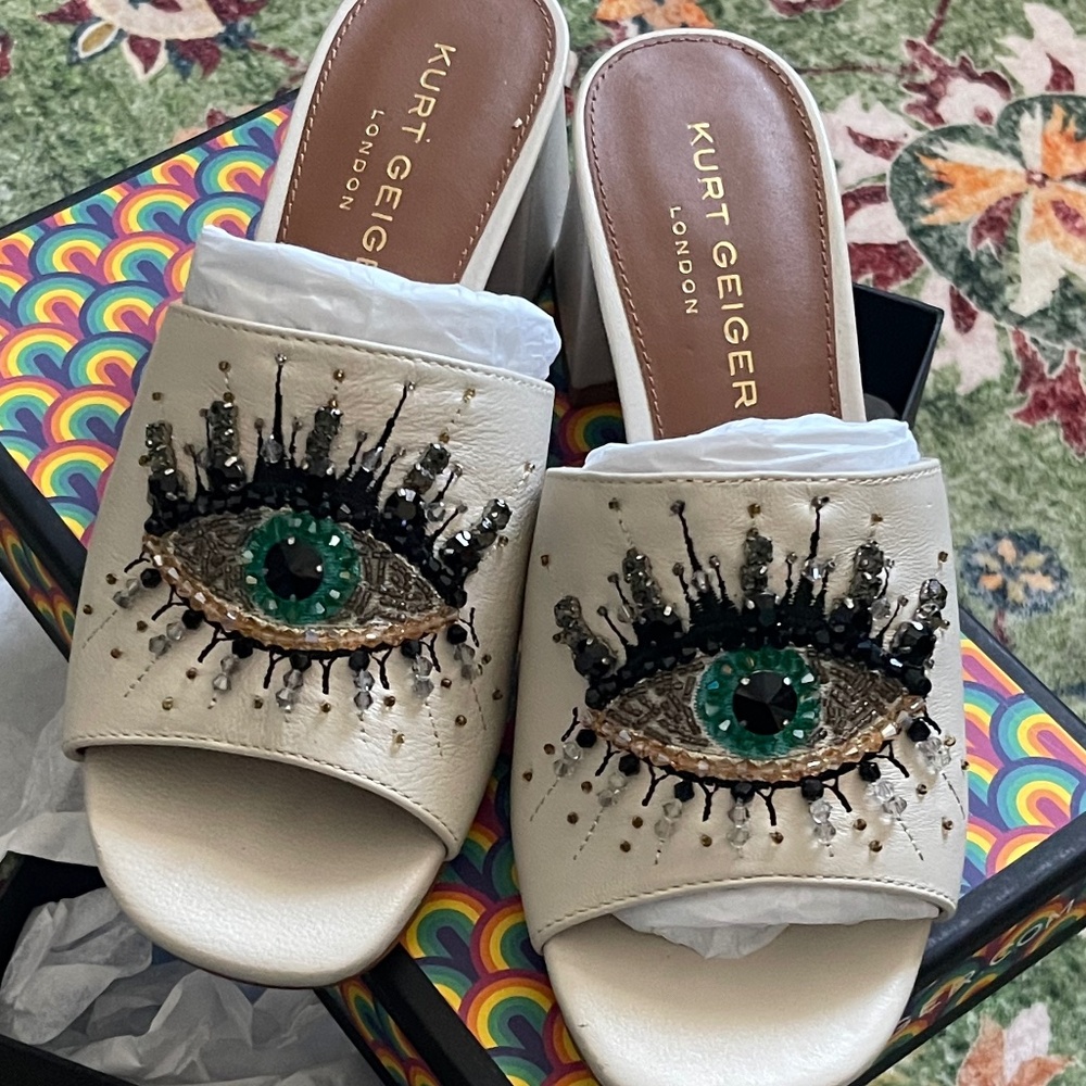 Kurt Geiger London Olive Block Eye Bone Leather Slide Sandals Size 7.5